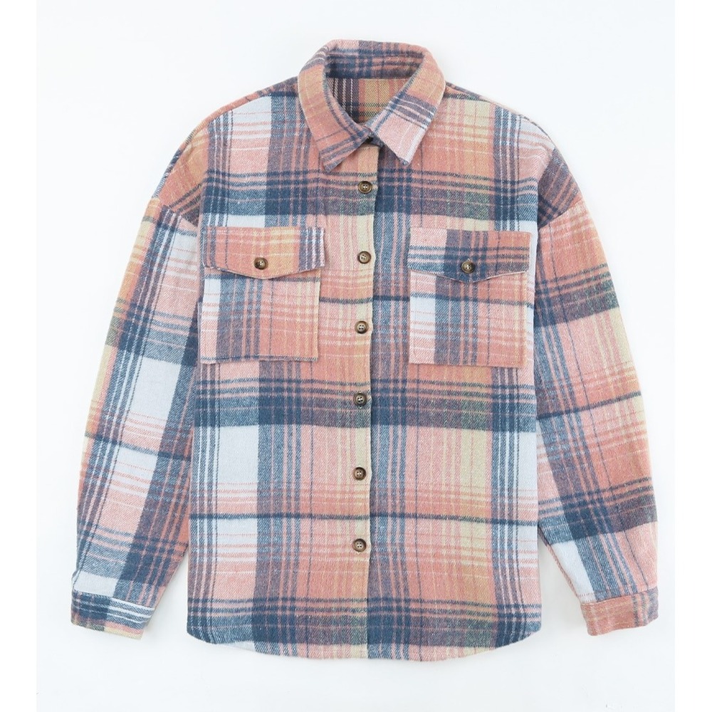 Pink Plaid Small Shacket Flap Pockets Long Sleeve Collar Button Down Small NWT